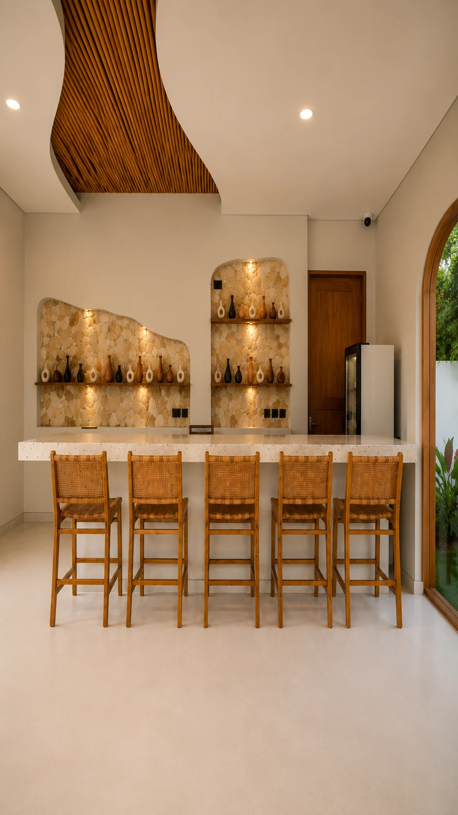 Natural stone, warm lighting and carefully arranged villa interiors